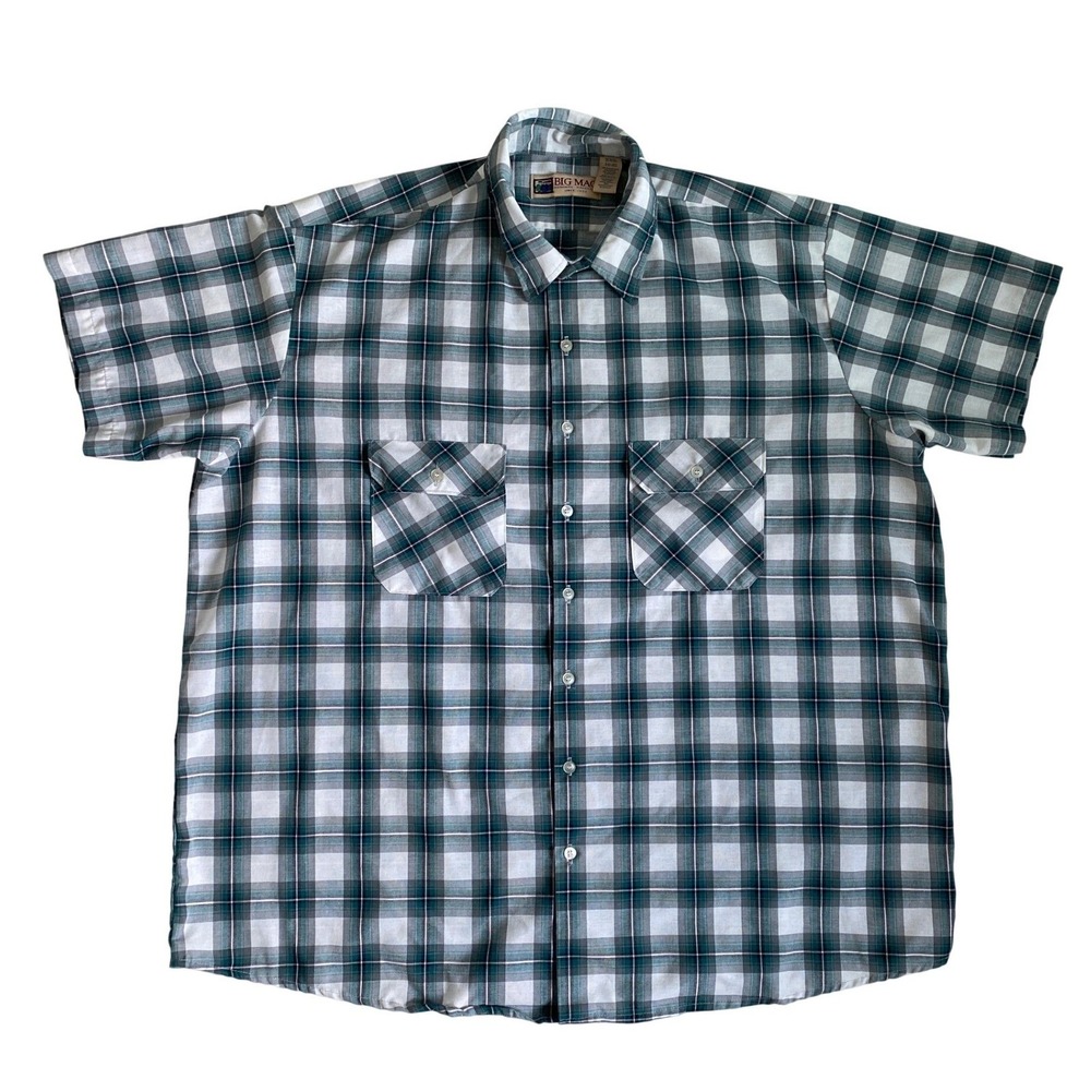 Big Mac Mens 2XLT Vintage 90s Plaid Short Sleeve Work Shirt Teal White 06/94 USA